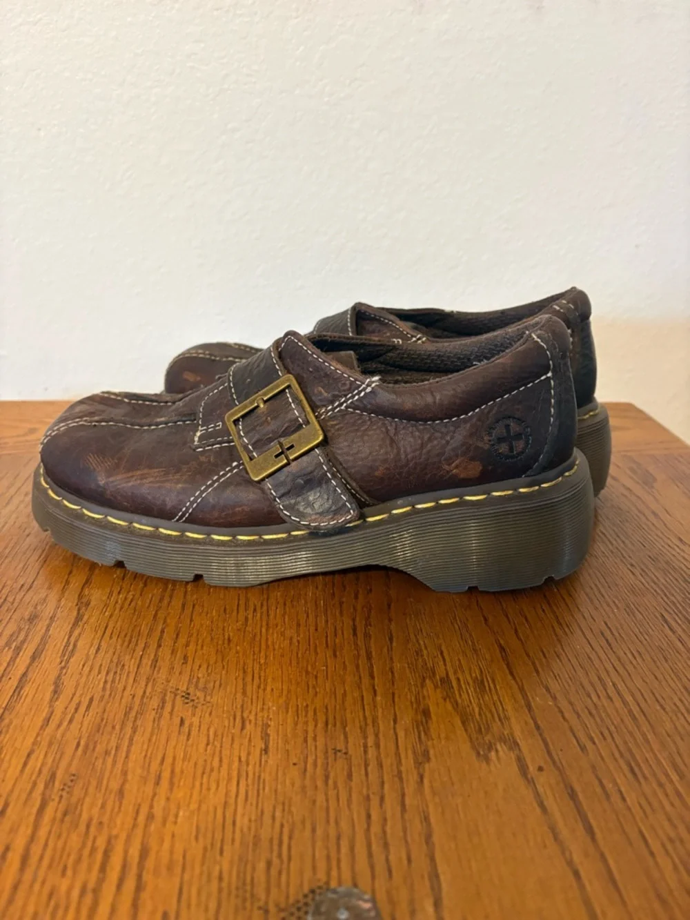 90s Vintage Chunky Doc Martens Brown Mary Jane Leather Buckle Clogs shoes EUR 39 - Picture 9 of 10